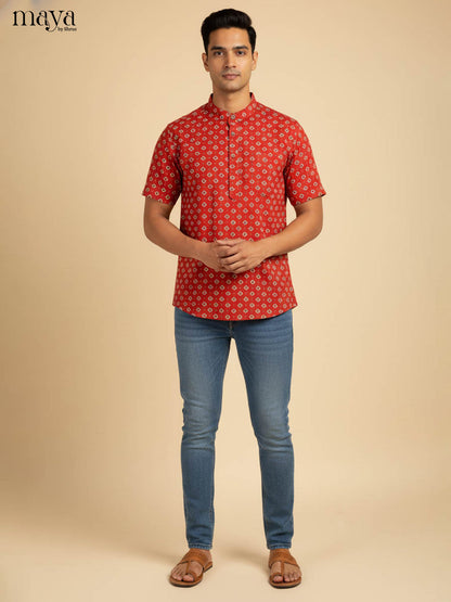Vibrant Rust Red Kurta For Men With Diamond Prints