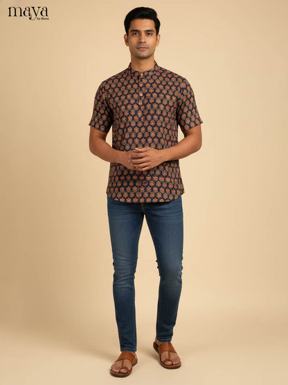 Artistic Navy Blue Kurta Printed With Floral Buttas