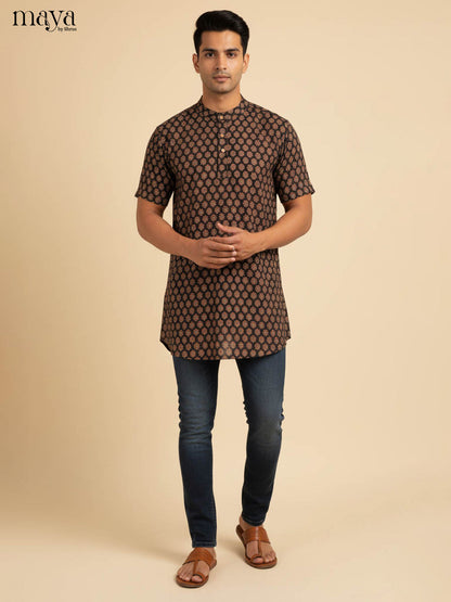 Stunning Black Kurta For Men Printed With Floral Motifs