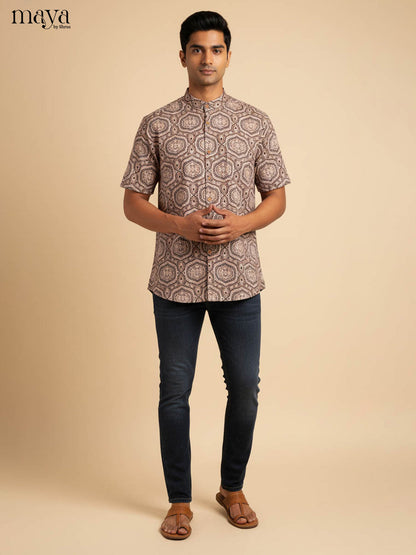 Elegant Earthy Brown Hexagonal Printed Kurta Shirt For Men