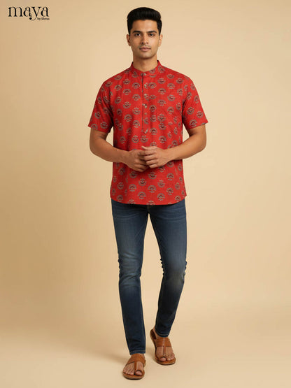 Bright Red Printed Kurta Shirt With Block Patterns