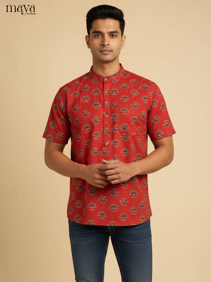 Bright Red Printed Kurta Shirt With Block Patterns