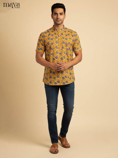 Radiant Mustard Half Kurta for Men With Floral Print