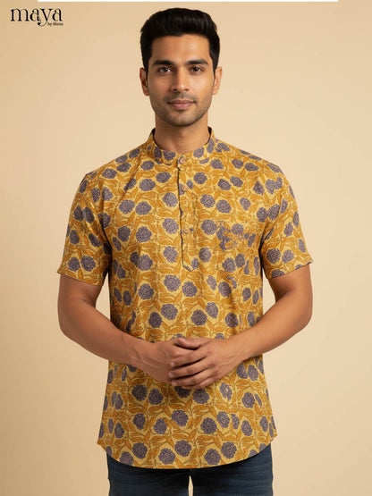 Radiant Mustard Half Kurta for Men With Floral Print