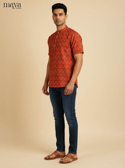 Regal Rust Red Half Kurta for Men With Diamond Patterns