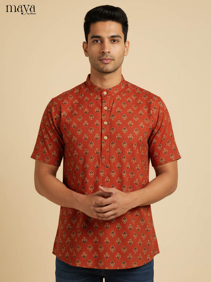 Regal Rust Red Half Kurta for Men With Diamond Patterns