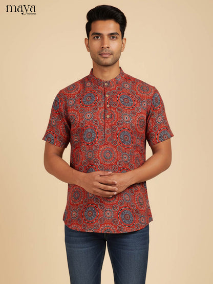 Exquisite Red Short Kurta For Men With Ajrakh Prints