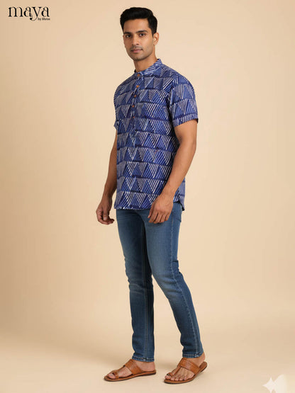 Modern Indigo Kurta Shirt For Men With Geometric Prints