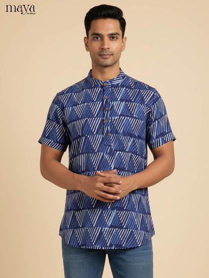 Modern Indigo Kurta Shirt For Men With Geometric Prints