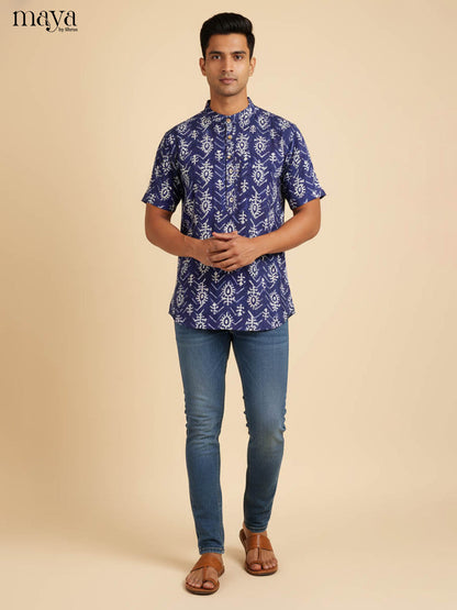 Charismatic Indigo Kurta Shirt For Men With Tribal Prints