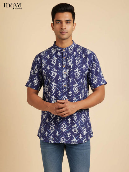 Charismatic Indigo Kurta Shirt For Men With Tribal Prints