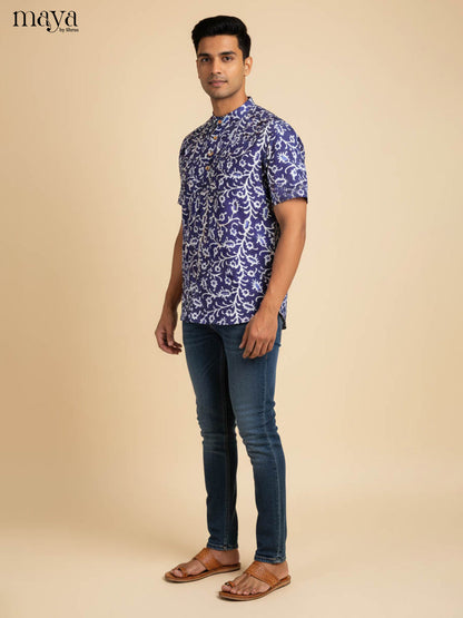 Artistic Indigo Kurta Shirt Printed With Floral Vines