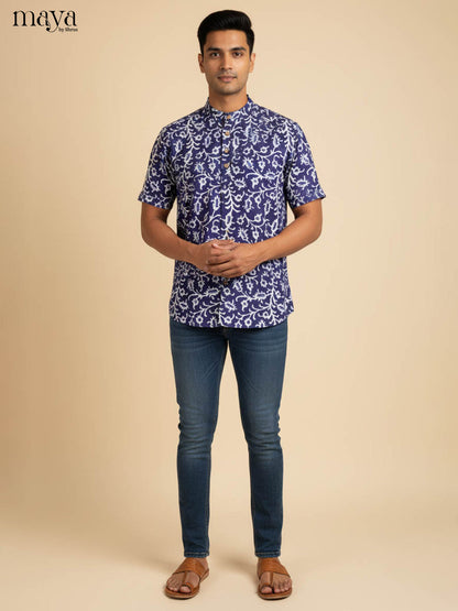 Artistic Indigo Kurta Shirt Printed With Floral Vines