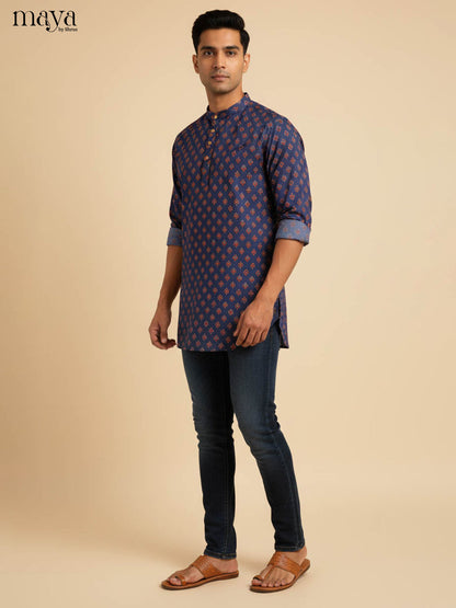 Dashing Navy Short Kurta For Men With Geometric Print