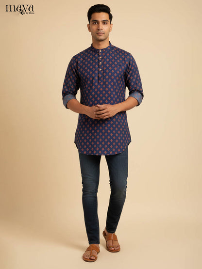 Dashing Navy Short Kurta For Men With Geometric Print