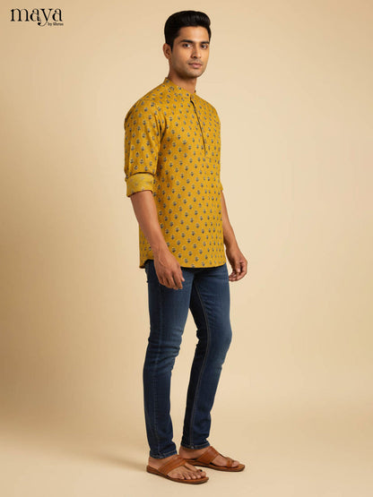 Vibrant Mustard Yellow Cotton Short Kurta With Floral Prints
