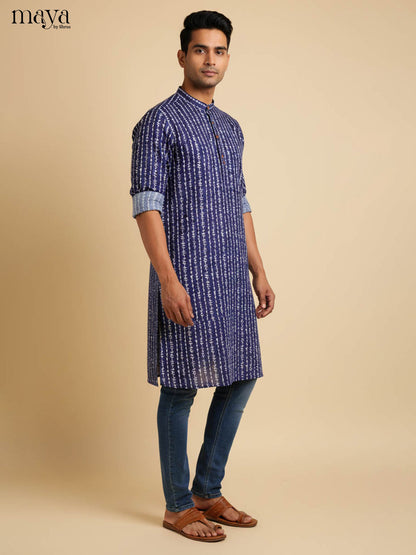 Refined Navy Blue Long Kurta for Men With Ethnic Prints