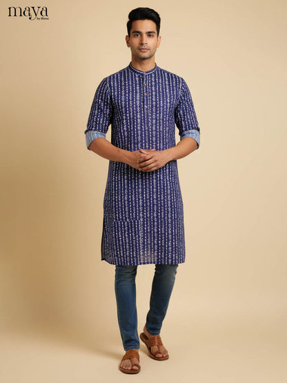 Refined Navy Blue Long Kurta for Men With Ethnic Prints