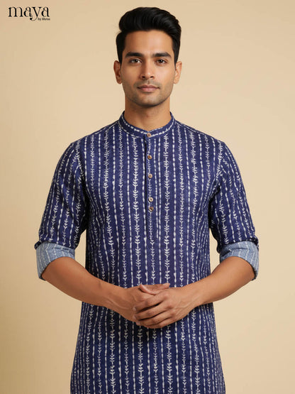 Refined Navy Blue Long Kurta for Men With Ethnic Prints