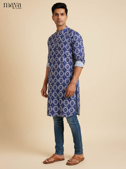 Majestic Navy Blue Kurta for Men With Floral Prints