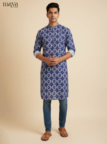 Majestic Navy Blue Kurta for Men With Floral Prints