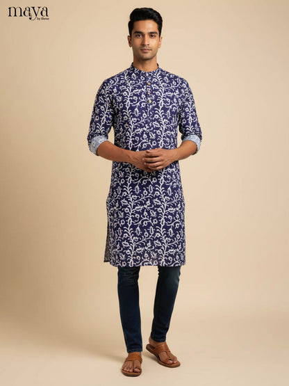 Graceful Indigo Long Kurta for Men With Floral Vines