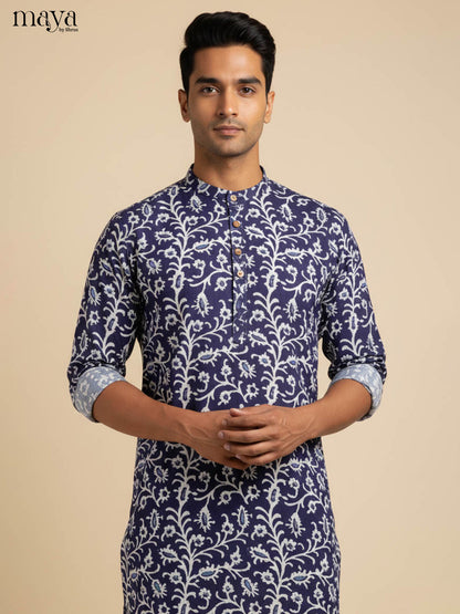 Graceful Indigo Long Kurta for Men With Floral Vines
