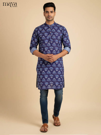 Contemporary Indigo Kurta for Men With Floral & Paisley Prints