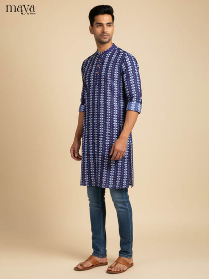 Classic Navy Blue Geometric Printed Kurta for Men