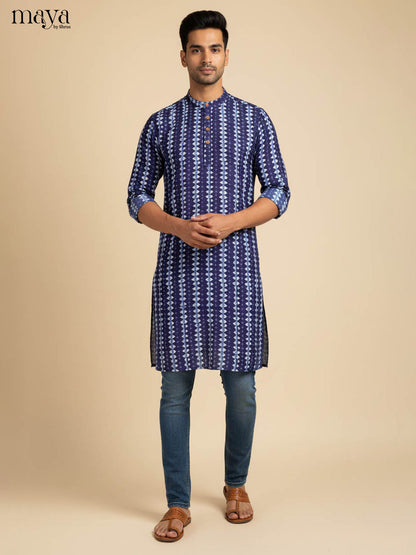 Classic Navy Blue Geometric Printed Kurta for Men