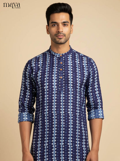 Classic Navy Blue Geometric Printed Kurta for Men