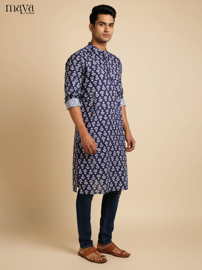 Stylish Navy Blue Floral Printed Long Kurta for Men