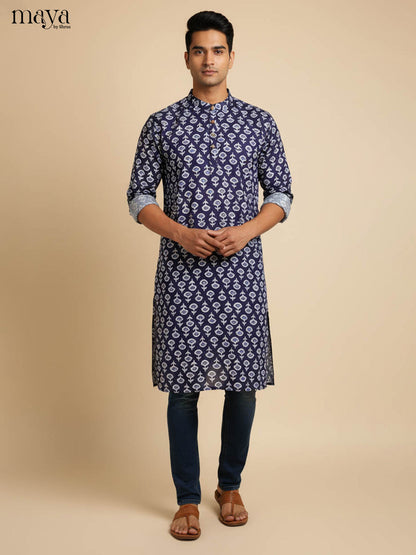 Stylish Navy Blue Floral Printed Long Kurta for Men