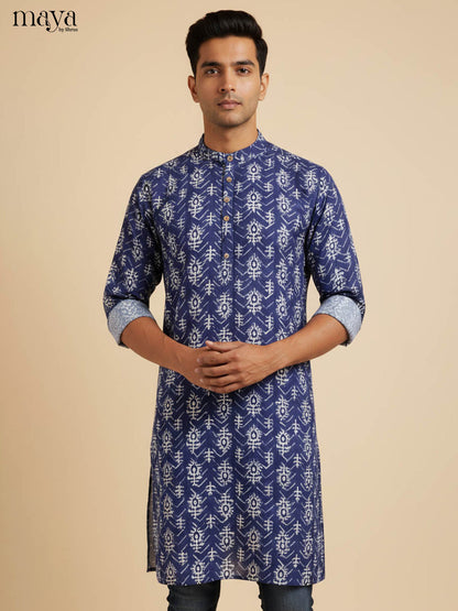 Elegant Navy Blue Men's Kurta With Floral Prints