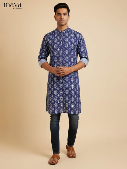 Elegant Navy Blue Men's Kurta With Floral Prints
