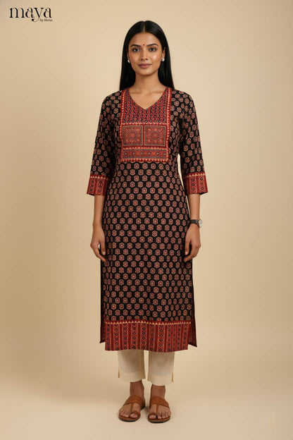 Timeless Black & Red Ajrakh Printed Readymade Long Kurti