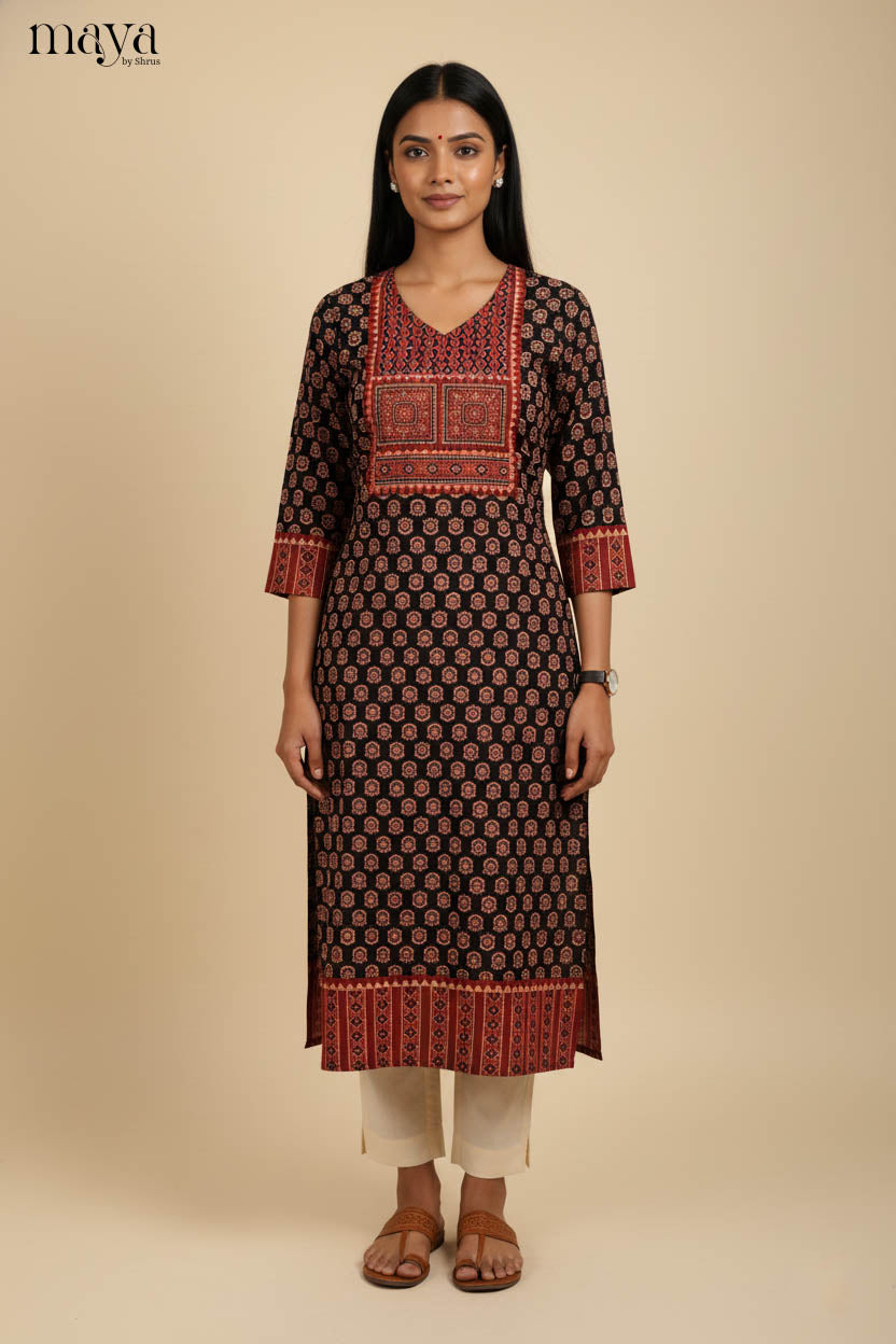 Timeless Black & Red Ajrakh Printed Readymade Long Kurti