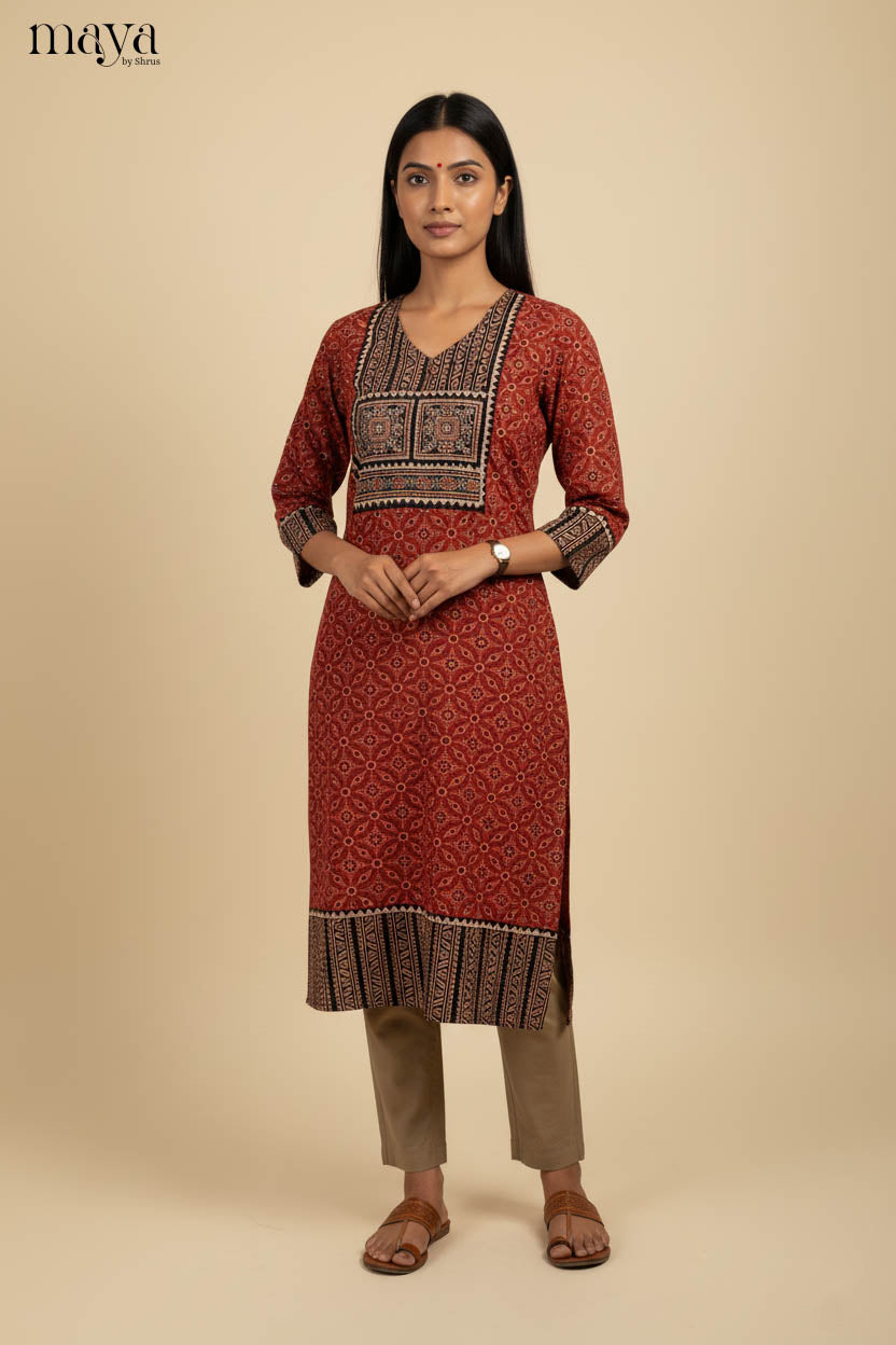 Stylish Red & Black Ajrakh Printed Readymade Cotton Kurti