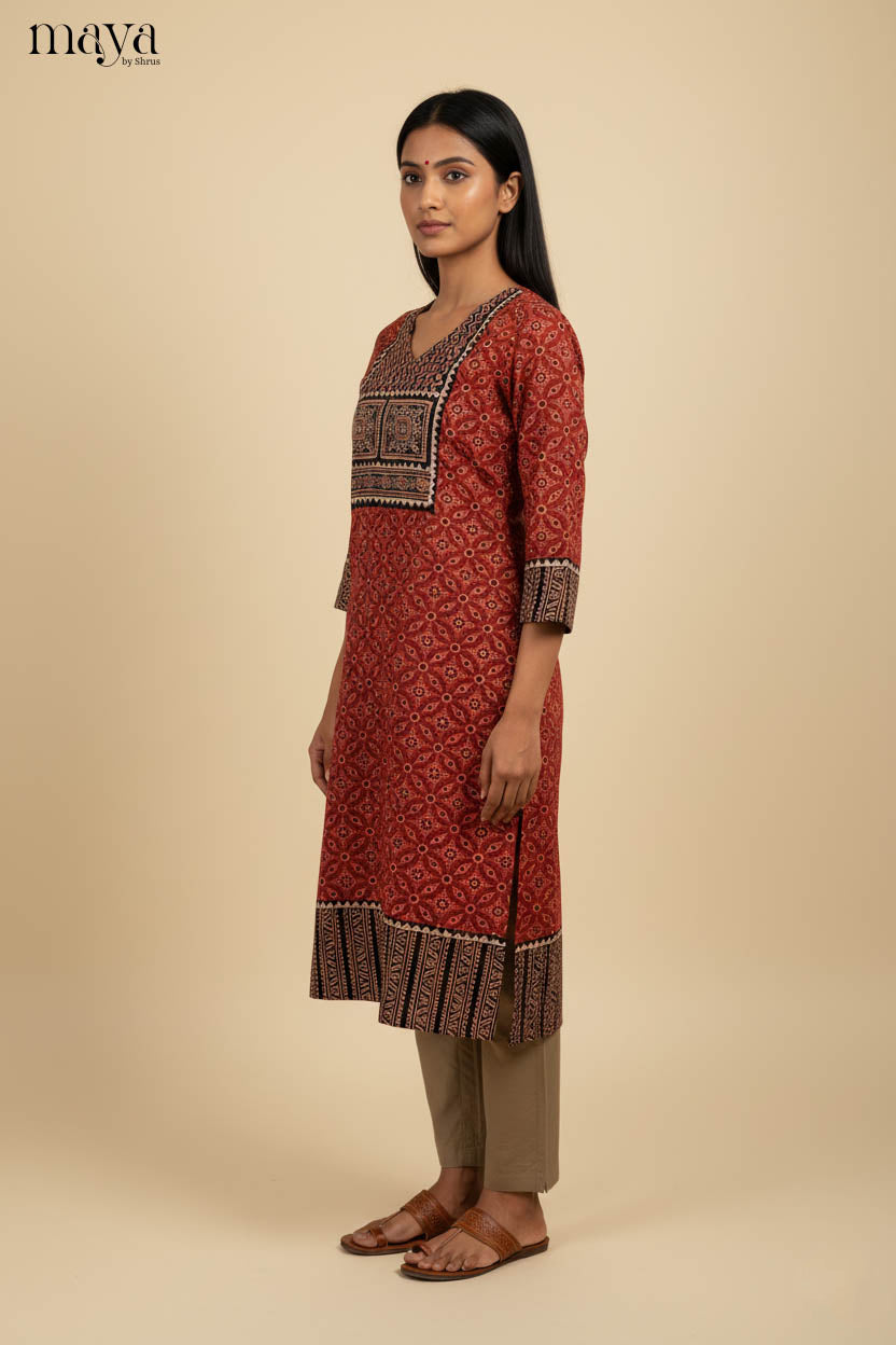 Stylish Red & Black Ajrakh Printed Readymade Cotton Kurti