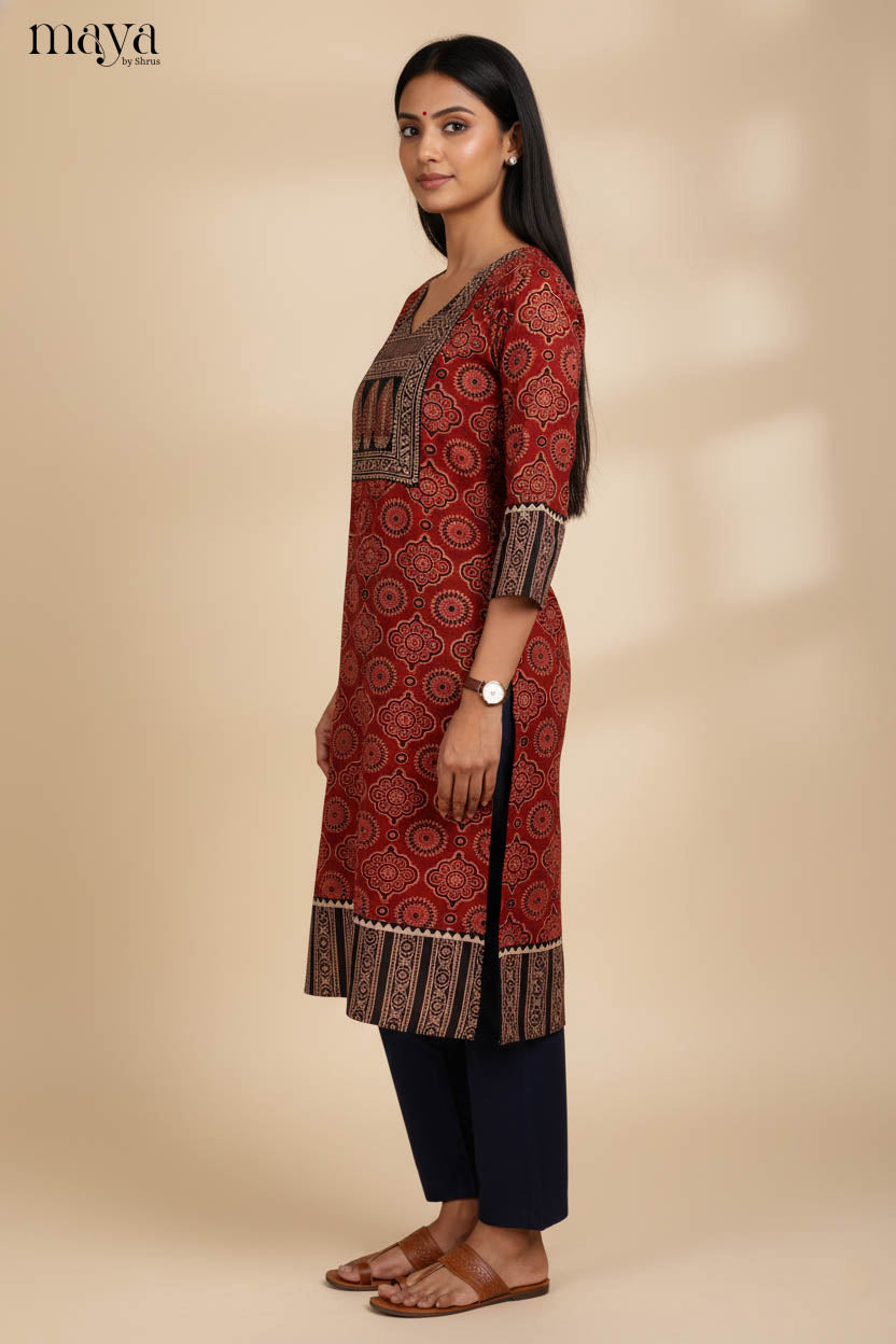Simple Red & Black Ajrakh Printed Readymade Cotton Kurti