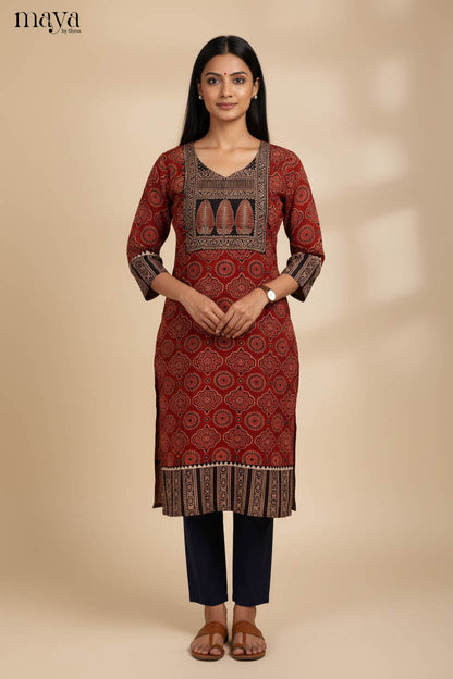 Simple Red & Black Ajrakh Printed Readymade Cotton Kurti
