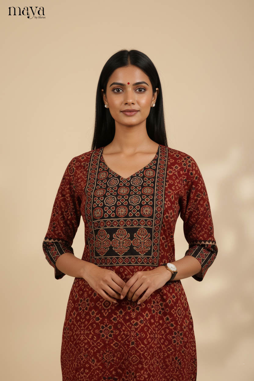 Comfy Red & Black Ajrakh Printed Readymade Long Kurti