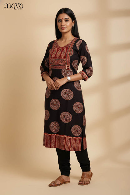 Elegant Black & Red Ajrakh Printed Long Kurti with Yoke Pattern