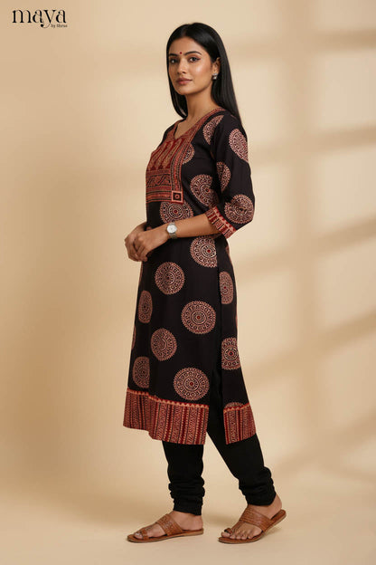 Elegant Black & Red Ajrakh Printed Long Kurti with Yoke Pattern