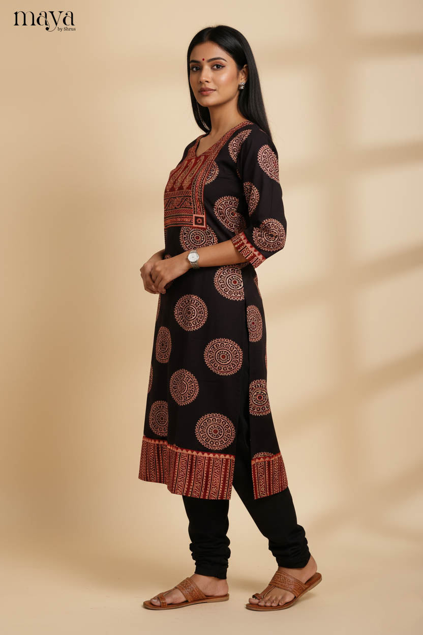Elegant Black & Red Ajrakh Printed Long Kurti with Yoke Pattern