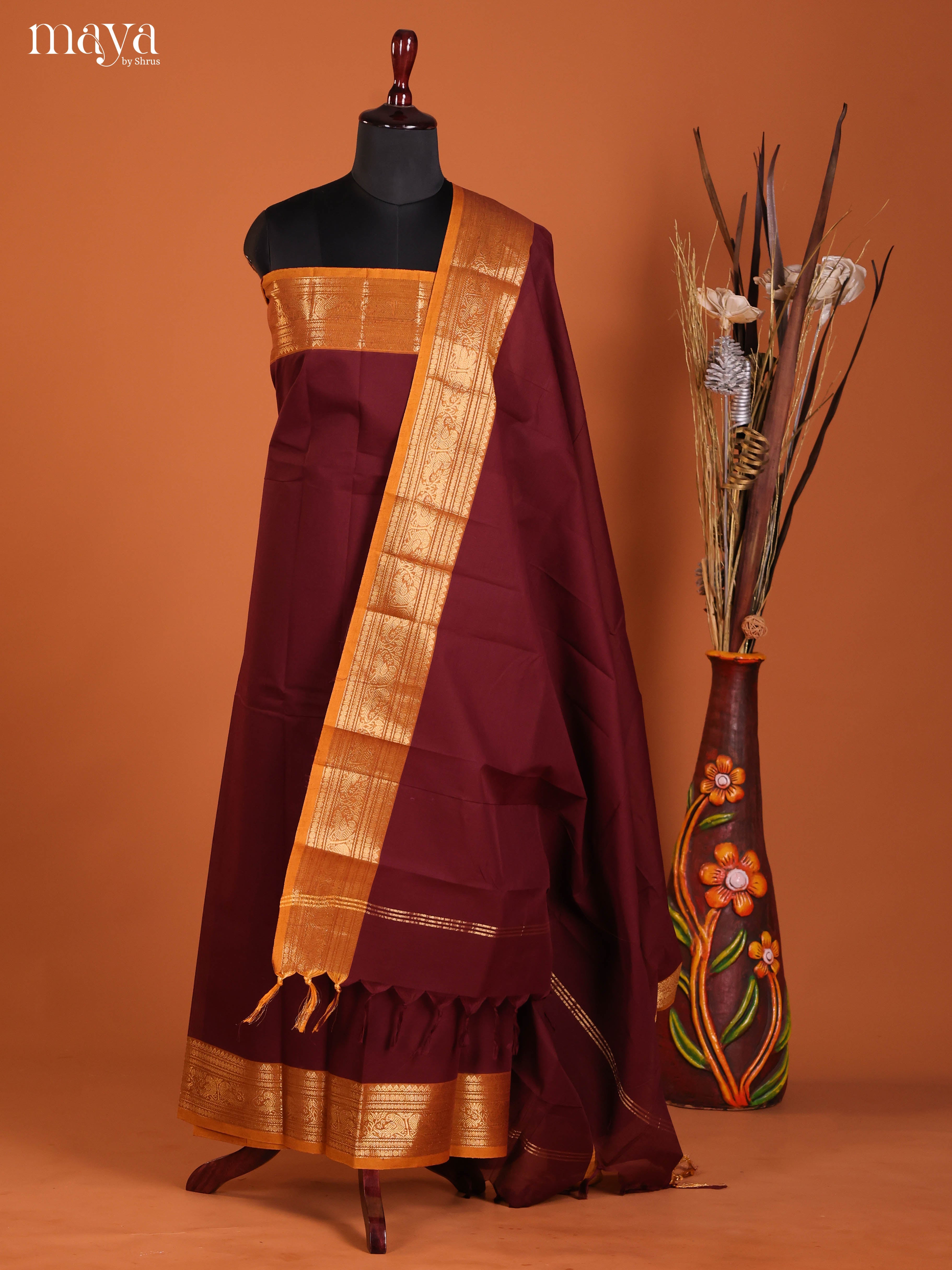 Regal Maroon Chettinad Cotton Top & Dupatta Set With Orange Zari Border