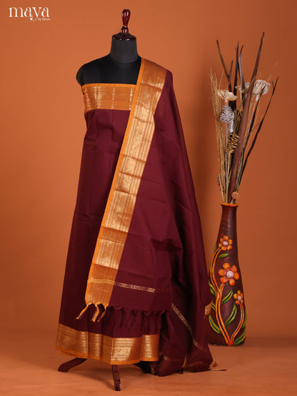 Regal Maroon Chettinad Cotton Top & Dupatta Set With Orange Zari Border