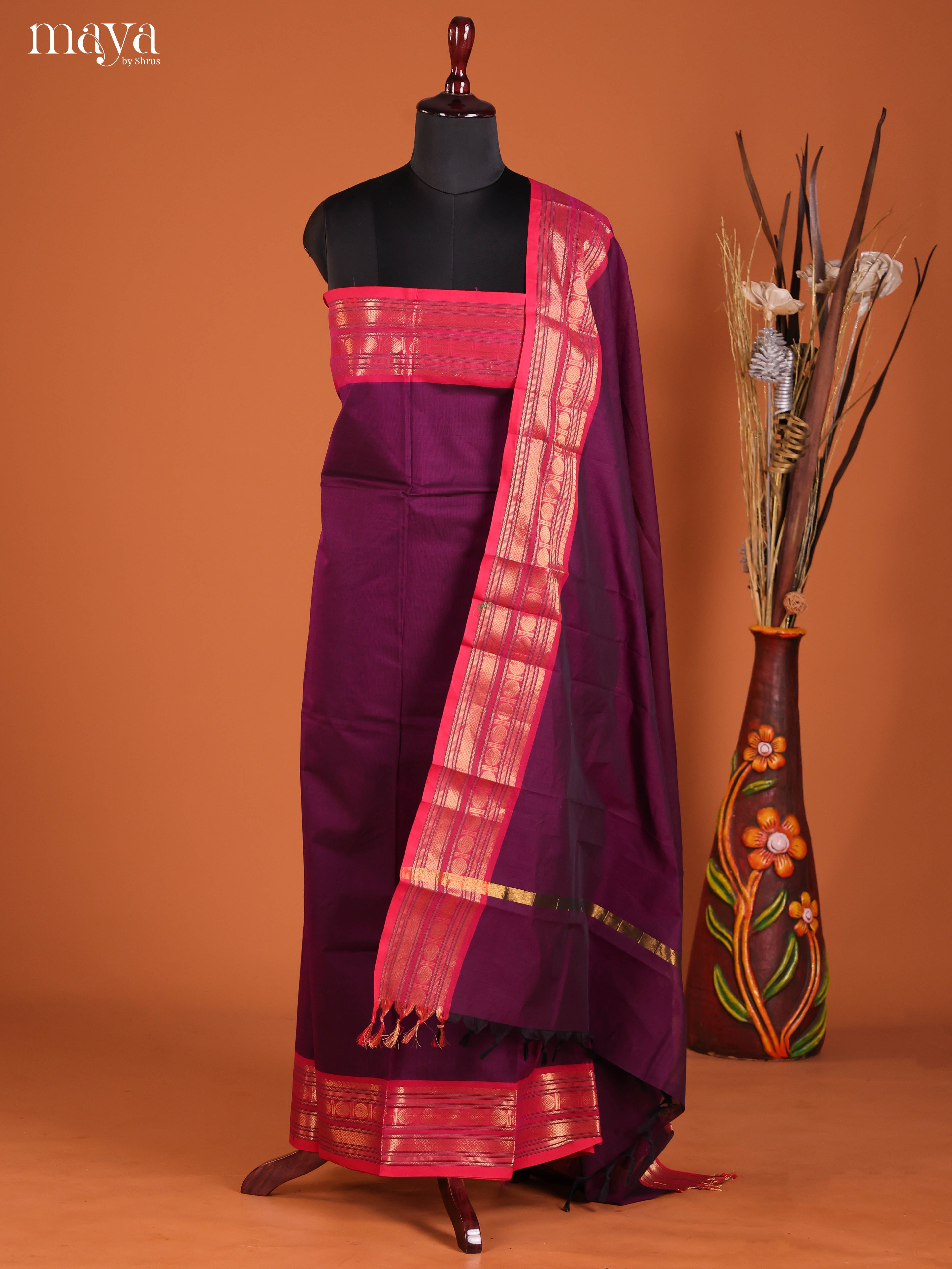 Majestic Wine Chettinad Cotton Salwar Material With Zari Border