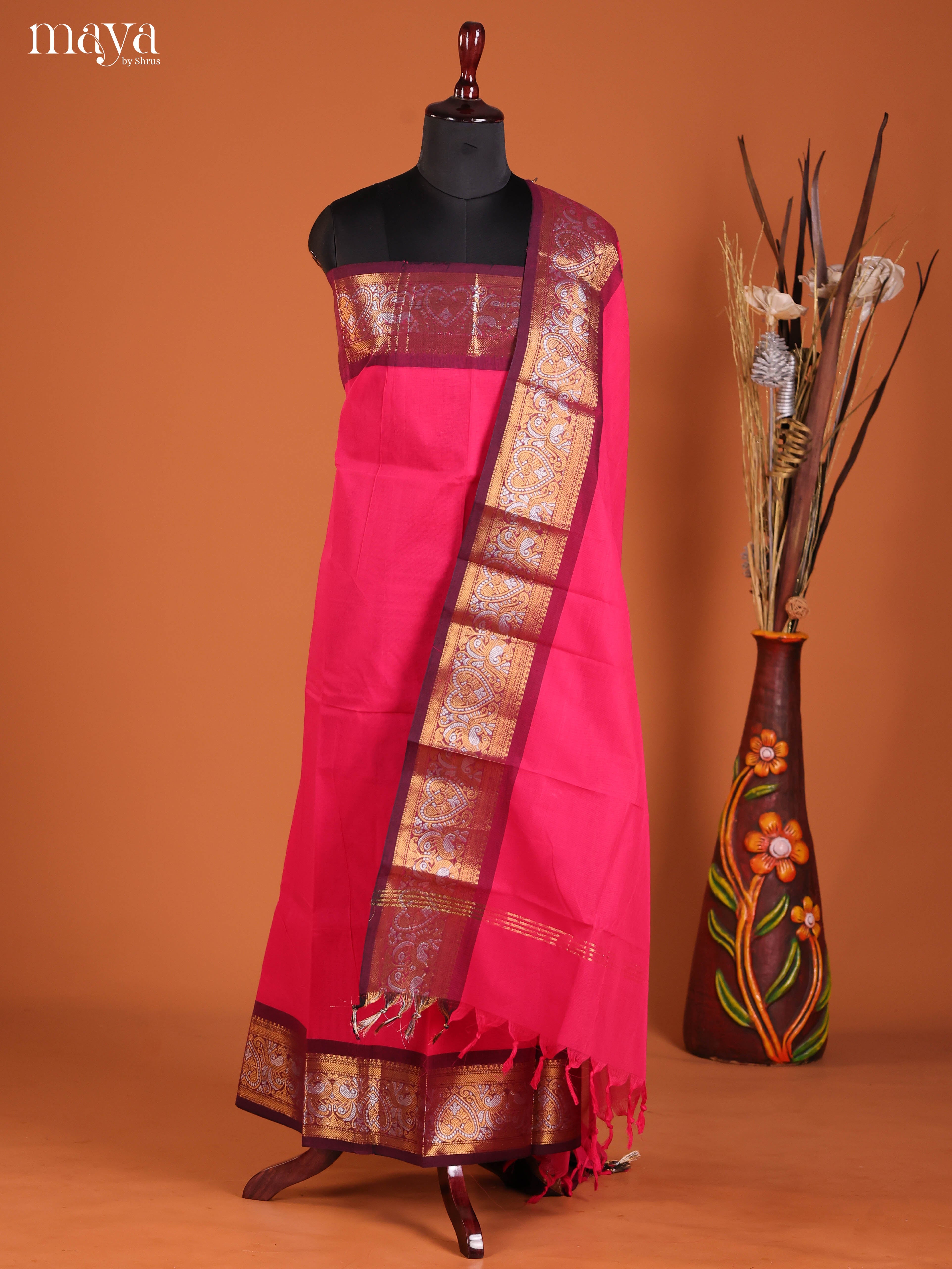 Chic Pink Chettinad Cotton Top & Dupatta Set With Maroon Zari Border