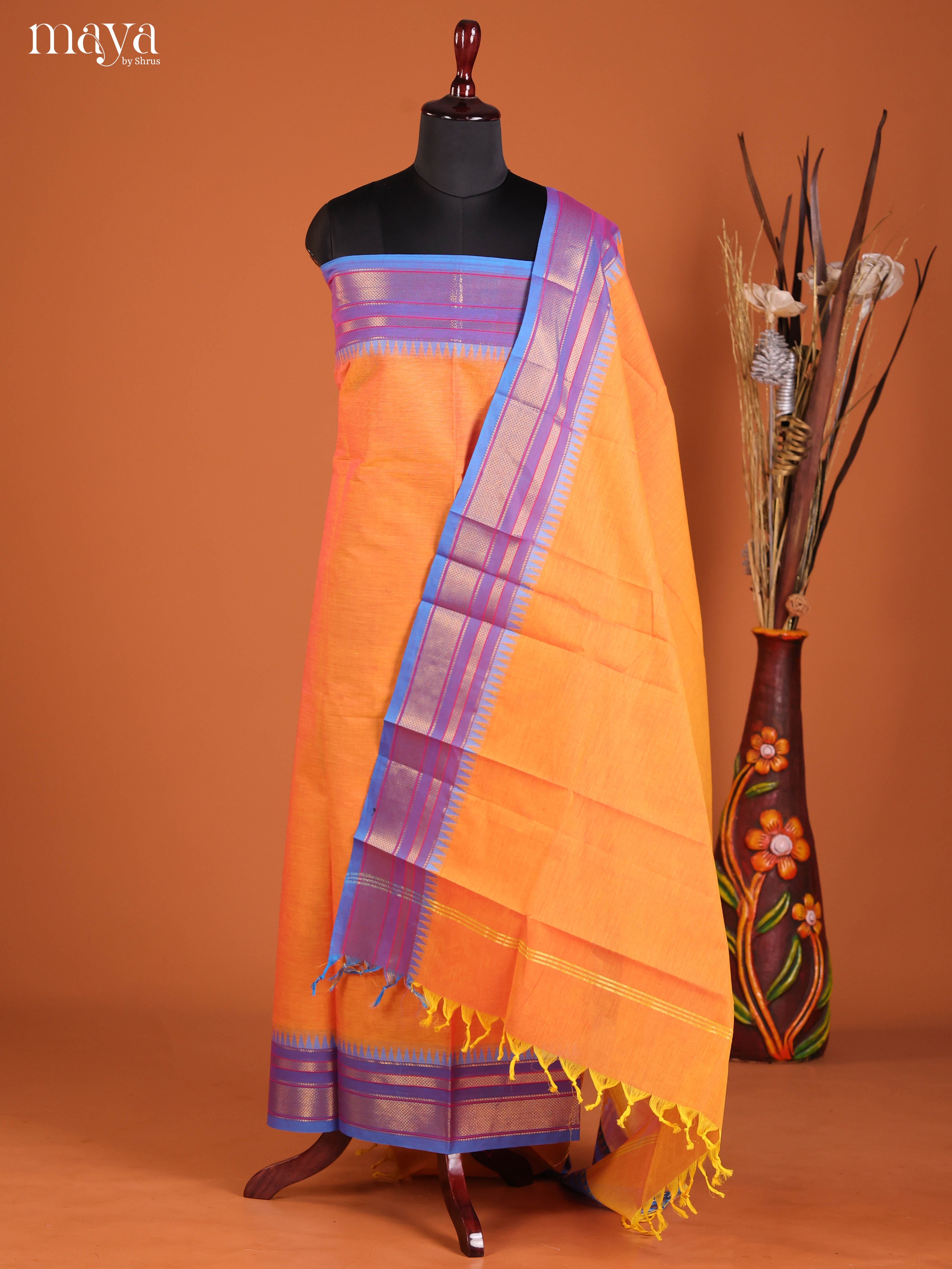 Radiant Orange Chettinad Cotton Top & Dupatta Set With Purple Zari Border